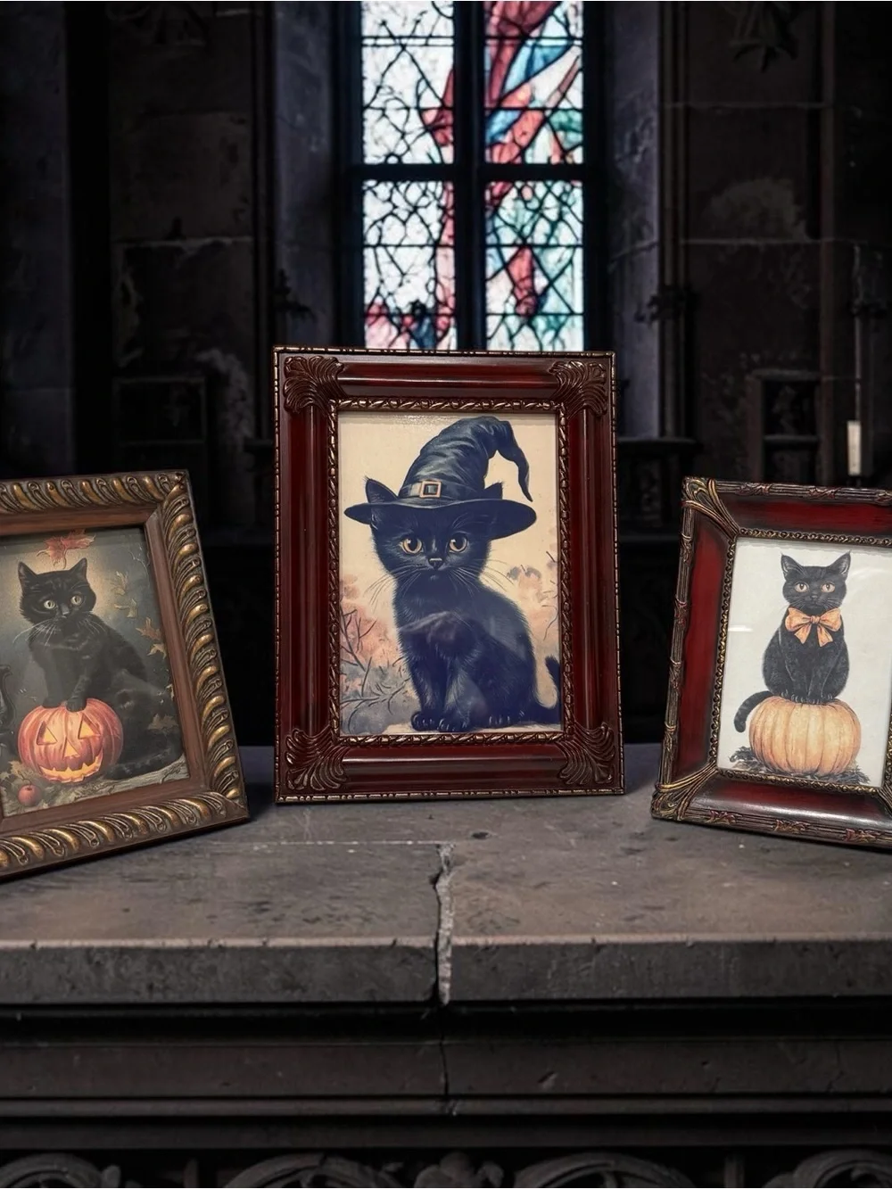 3 Vintage Black Cat Halloween Picture Frames